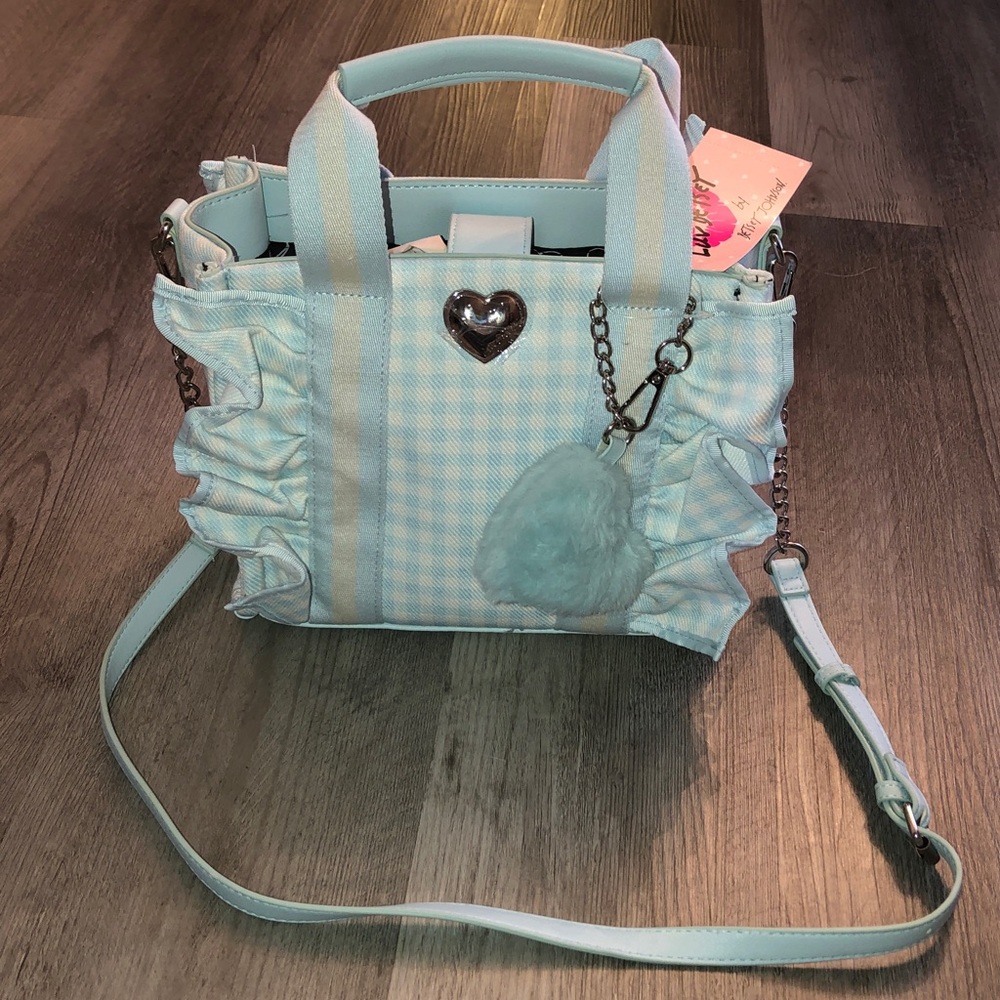 Betsey Johnson Light Blue Gingham Ruffle Mini Tote with Heart Charm